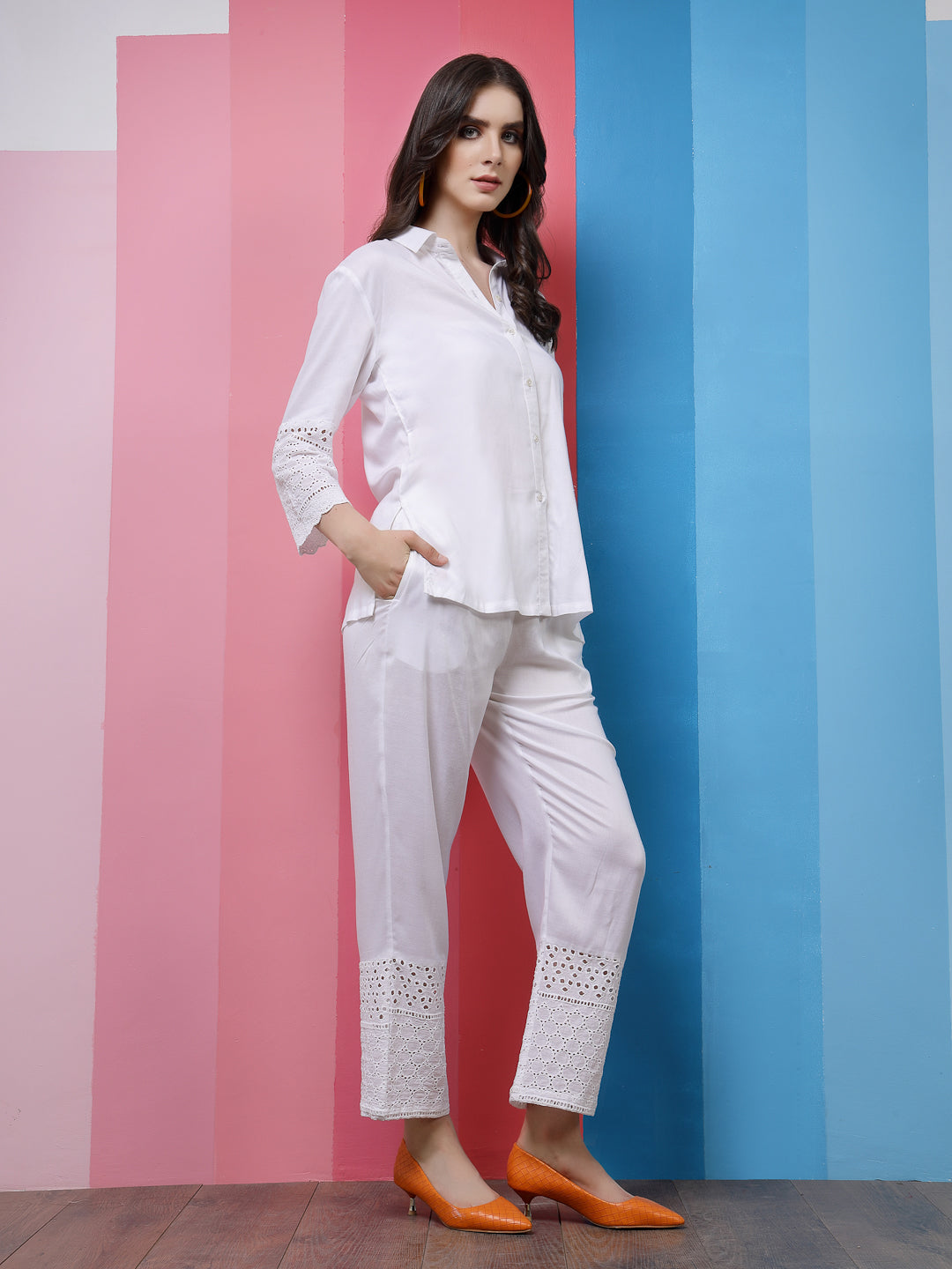 Athena White Self Design Three-Quarter Sleeves Shirt With Trousers Co-Ords
