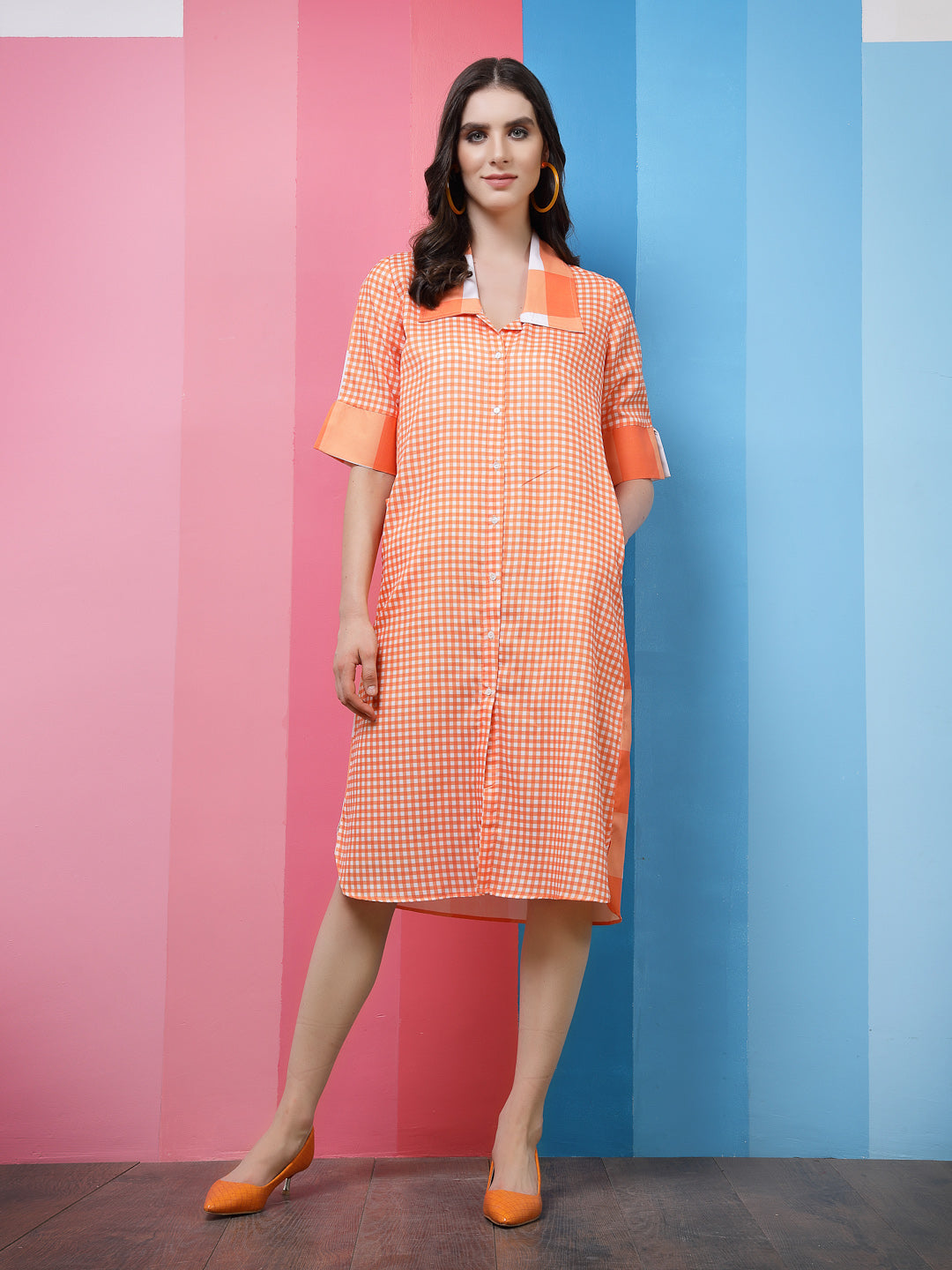 Athena Orange Checked Linen Shirt Dress