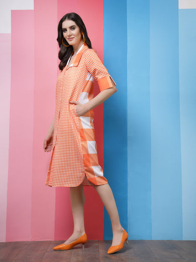 Athena Orange Checked Linen Shirt Dress