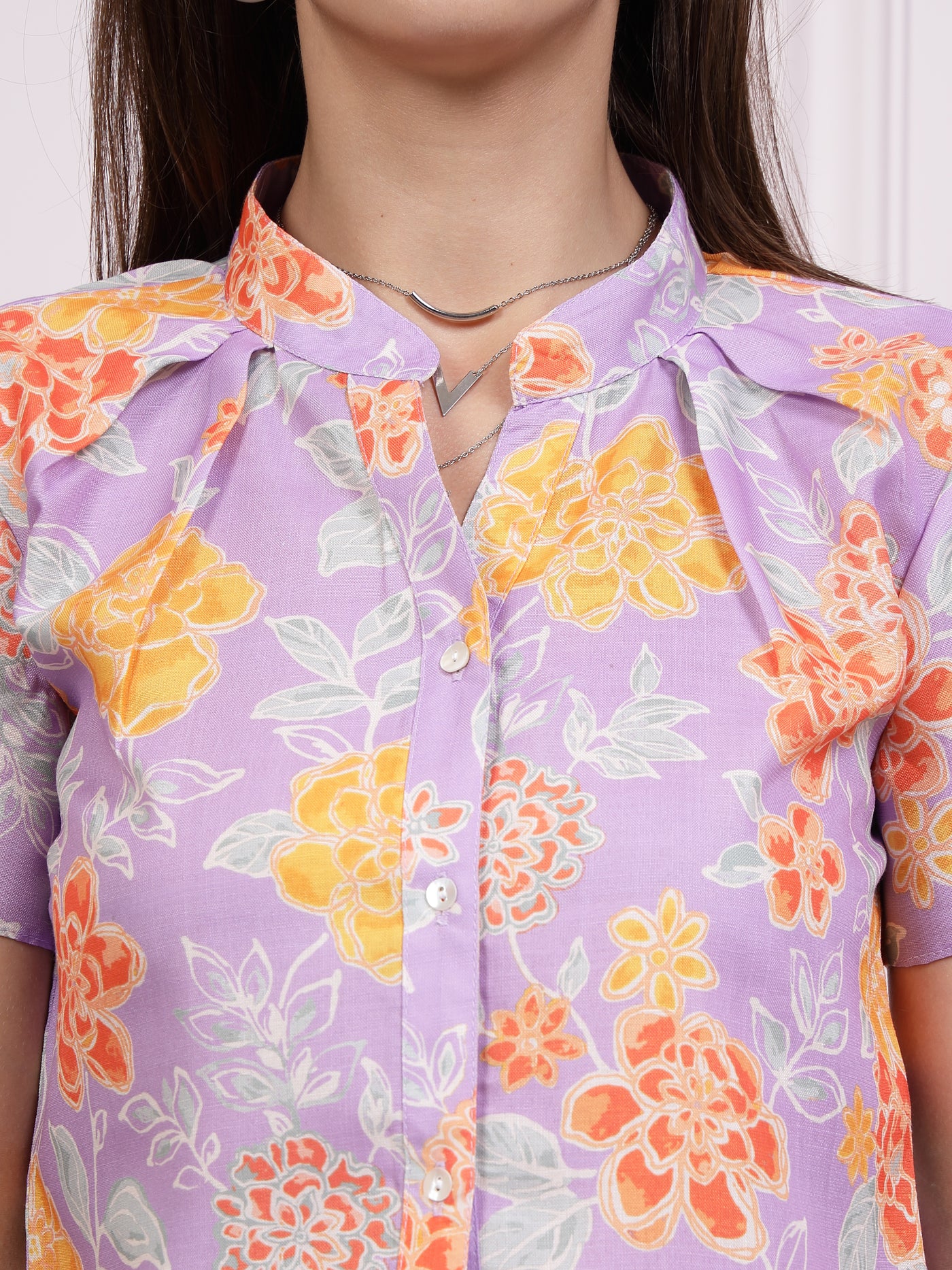 Athena Floral Printed Mandarin Collar Flared Sleeves Linen Shirt Style Top