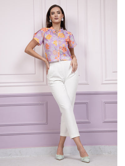 Athena Floral Printed Mandarin Collar Flared Sleeves Linen Shirt Style Top