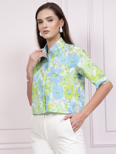 Athena Blue Floral Printed Shirt Style Top