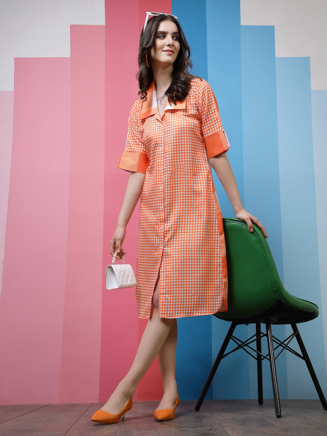 Athena Orange Checked Linen Shirt Dress