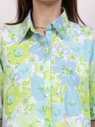 Athena Blue Floral Printed Shirt Style Top