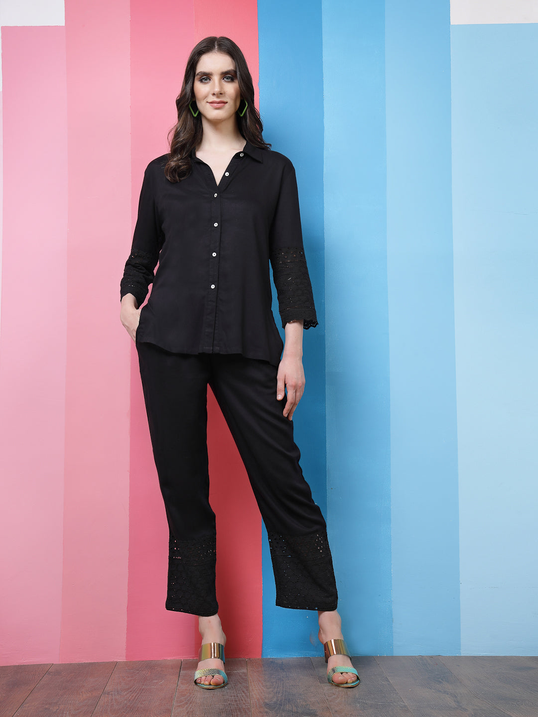 Athena Black Schiffli Shirt With Trousers