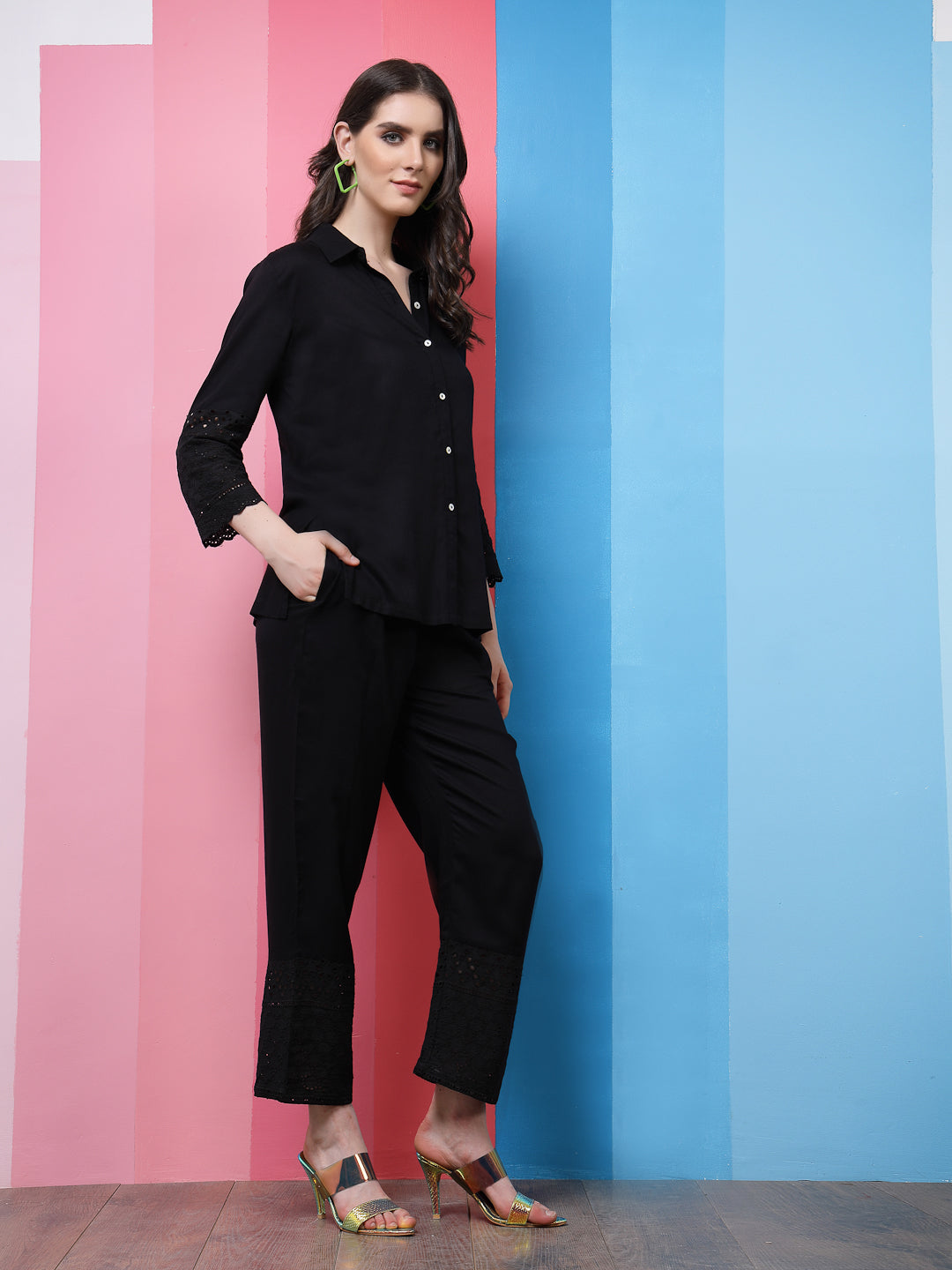 Athena Black Schiffli Shirt With Trousers