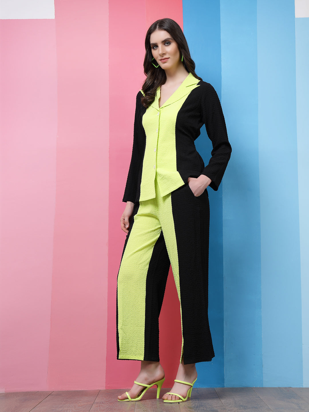 Athena Black Colourblocked Notched Lapel Collar Shirt With Trousers