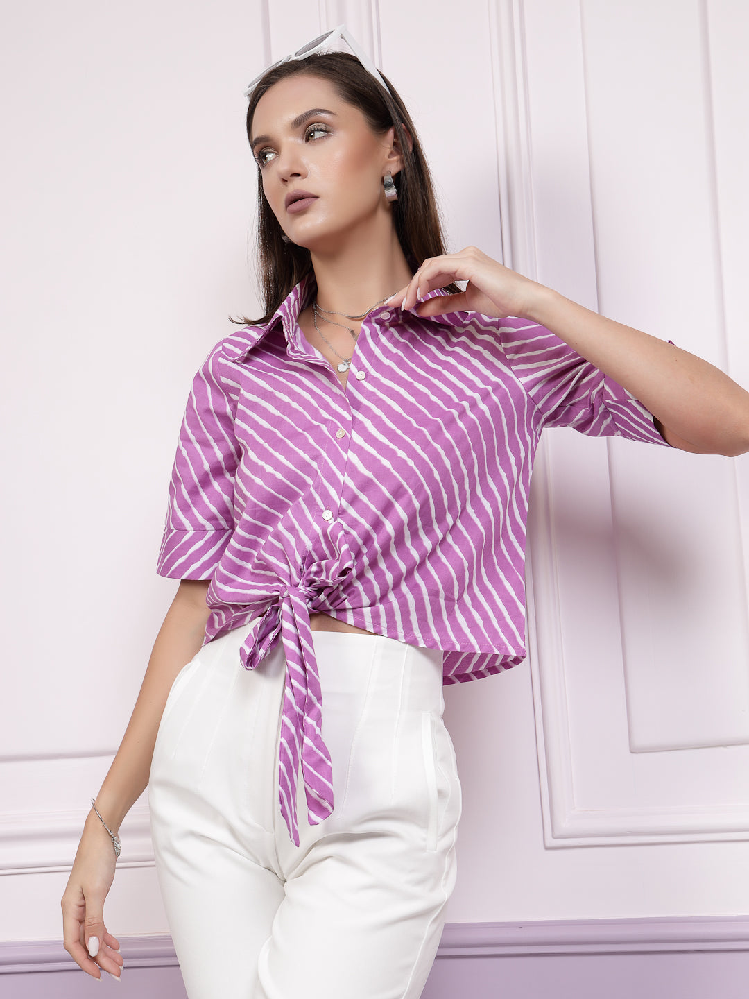 Athena Striped Cuffed Sleeve Cotton Shirt Style Top