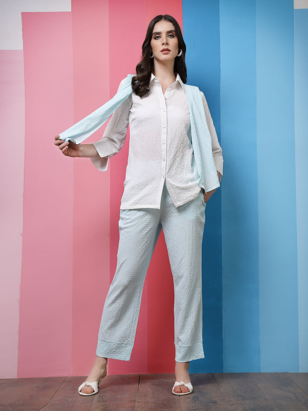Athena White Self-Design Shirt Collar Shirt With Trousers