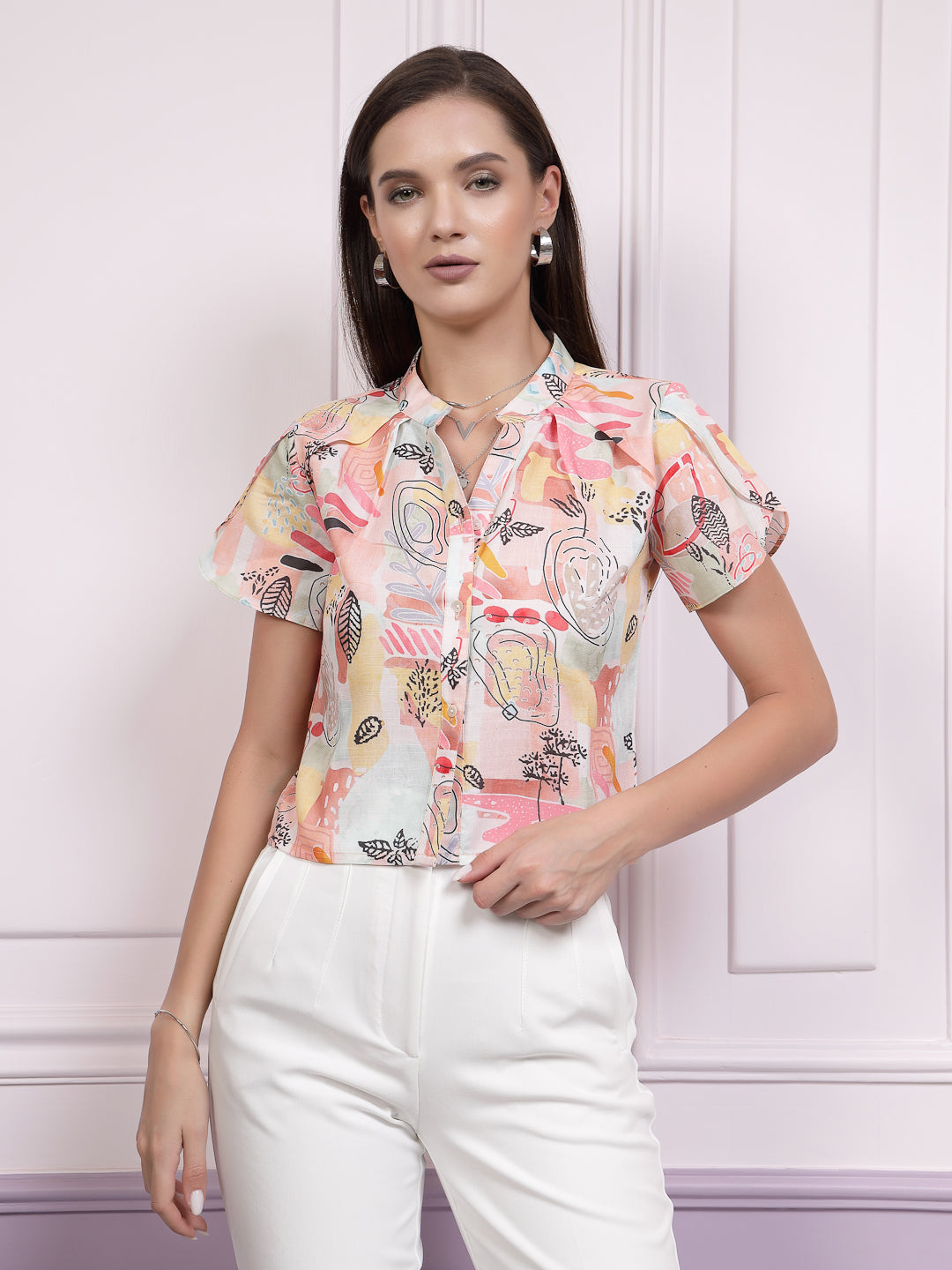 Athena Graphic Printed Mandarin Collar Linen Shirt Style Top