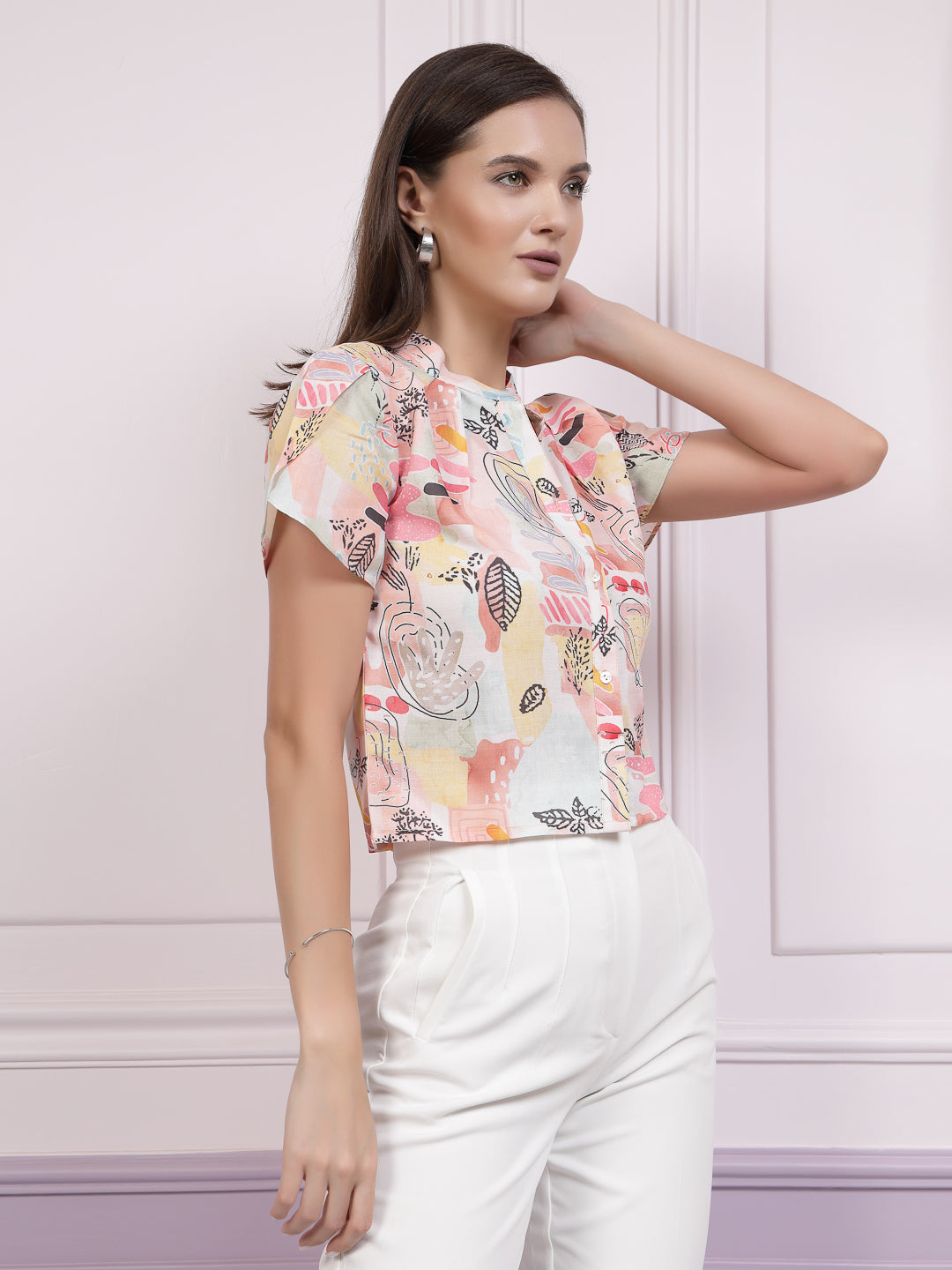 Athena Graphic Printed Mandarin Collar Linen Shirt Style Top