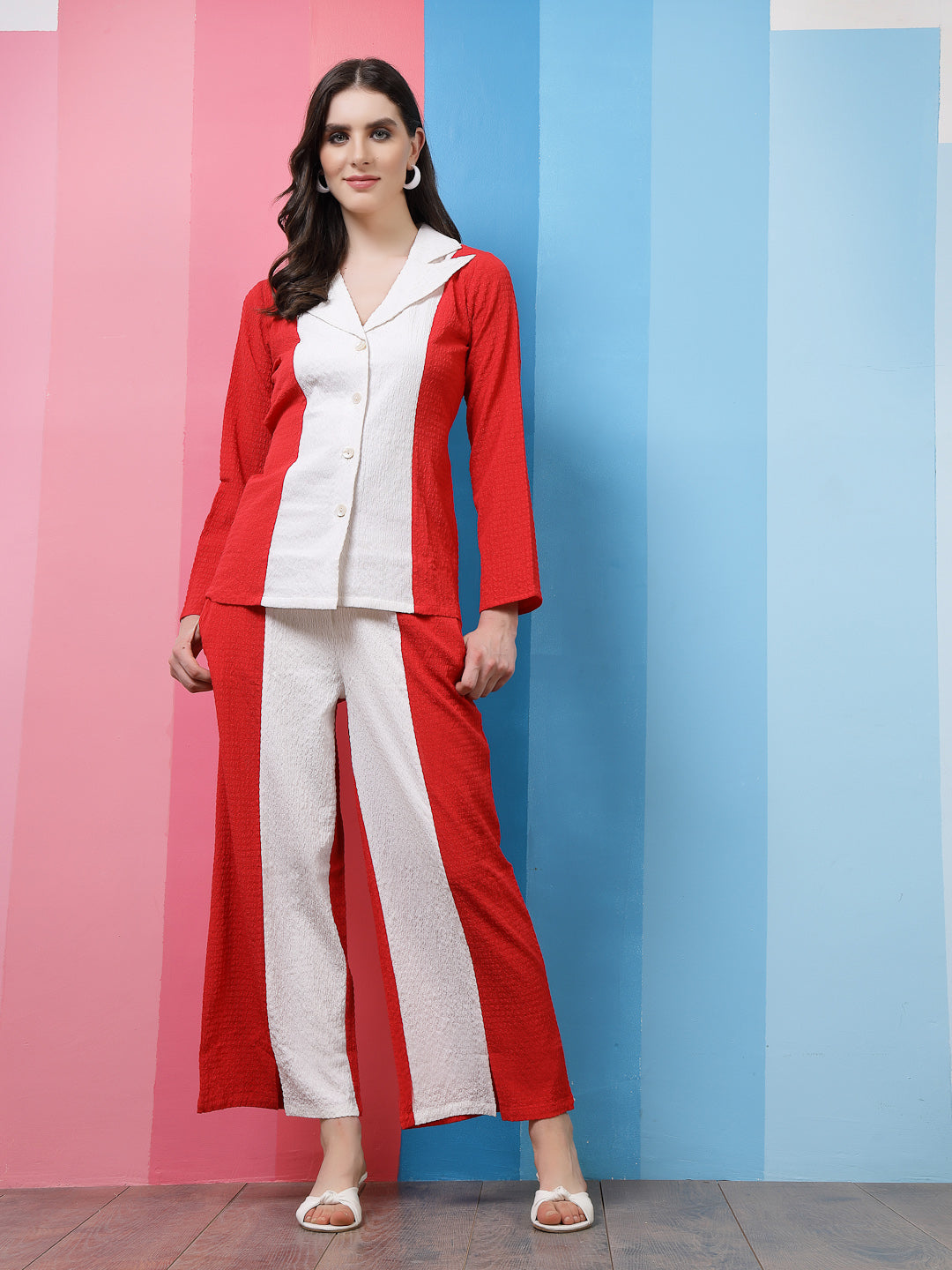 Athena Red Colourblocked Notched Lapel Collar Shirt With Trousers