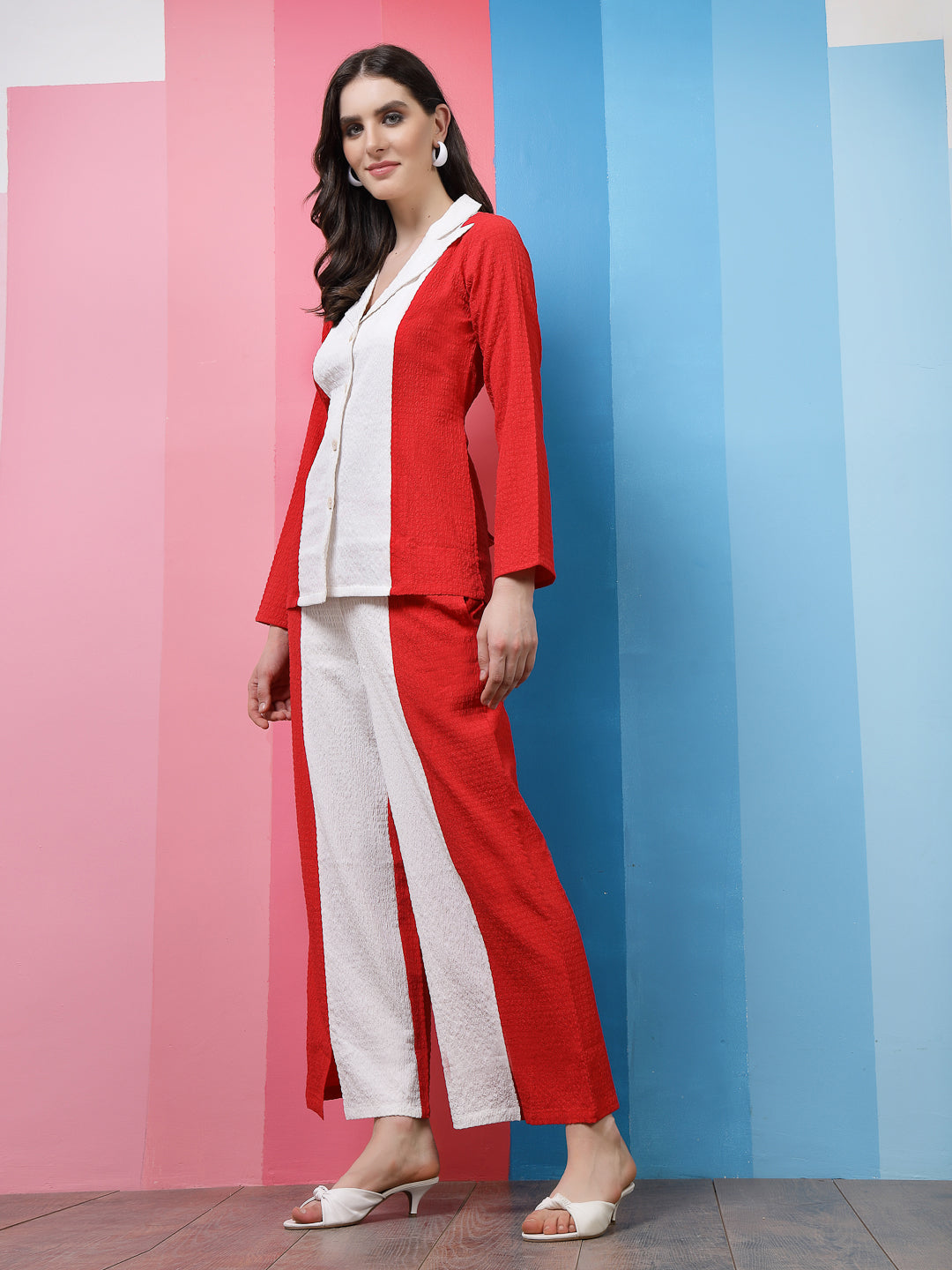 Athena Red Colourblocked Notched Lapel Collar Shirt With Trousers