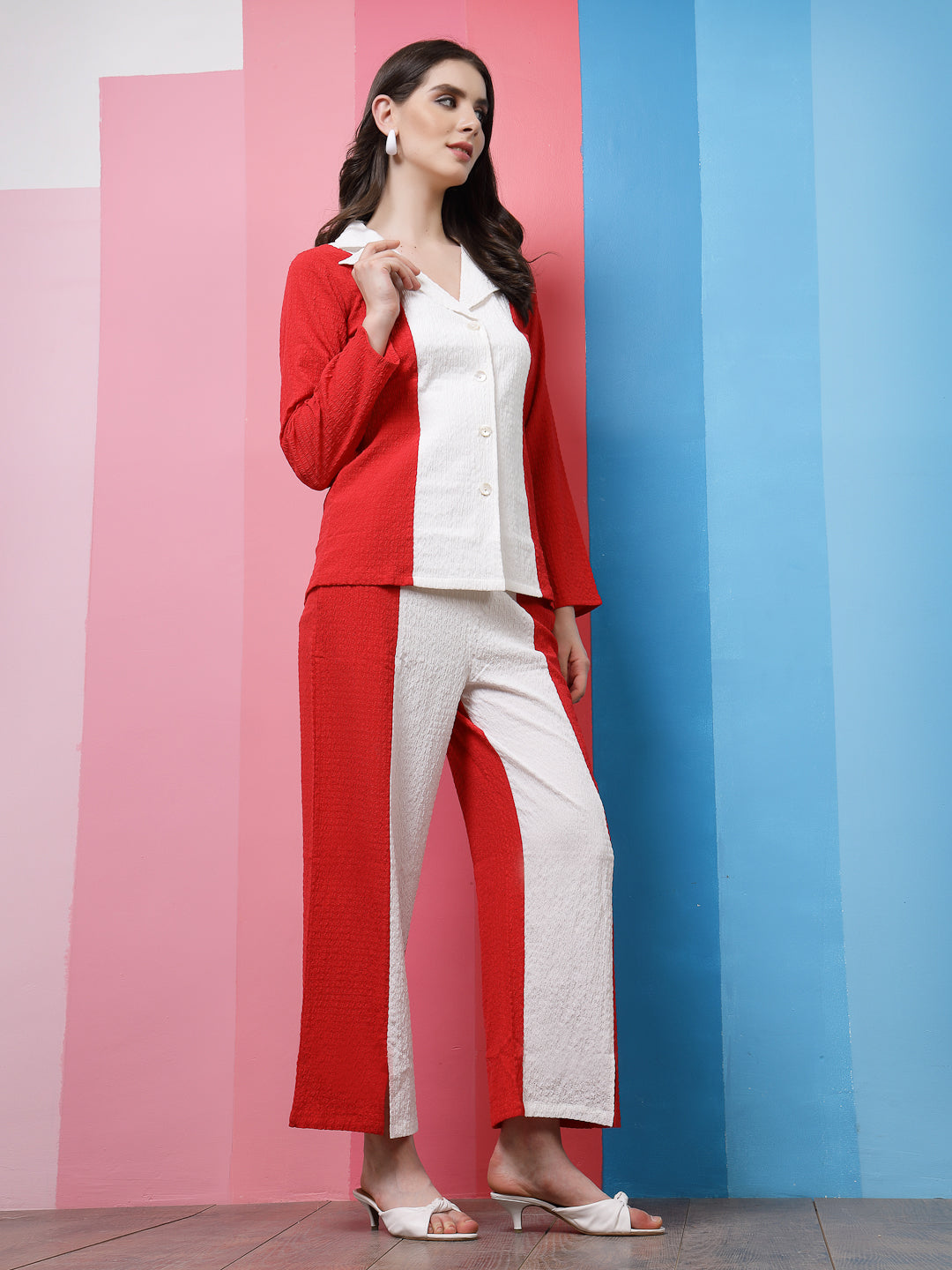 Athena Red Colourblocked Notched Lapel Collar Shirt With Trousers