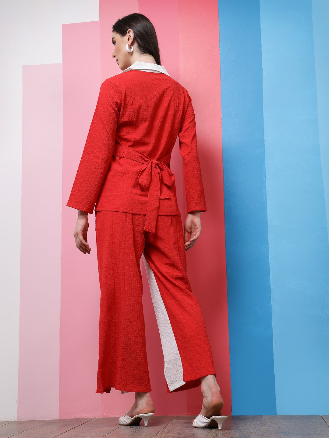 Athena Red Colourblocked Notched Lapel Collar Shirt With Trousers