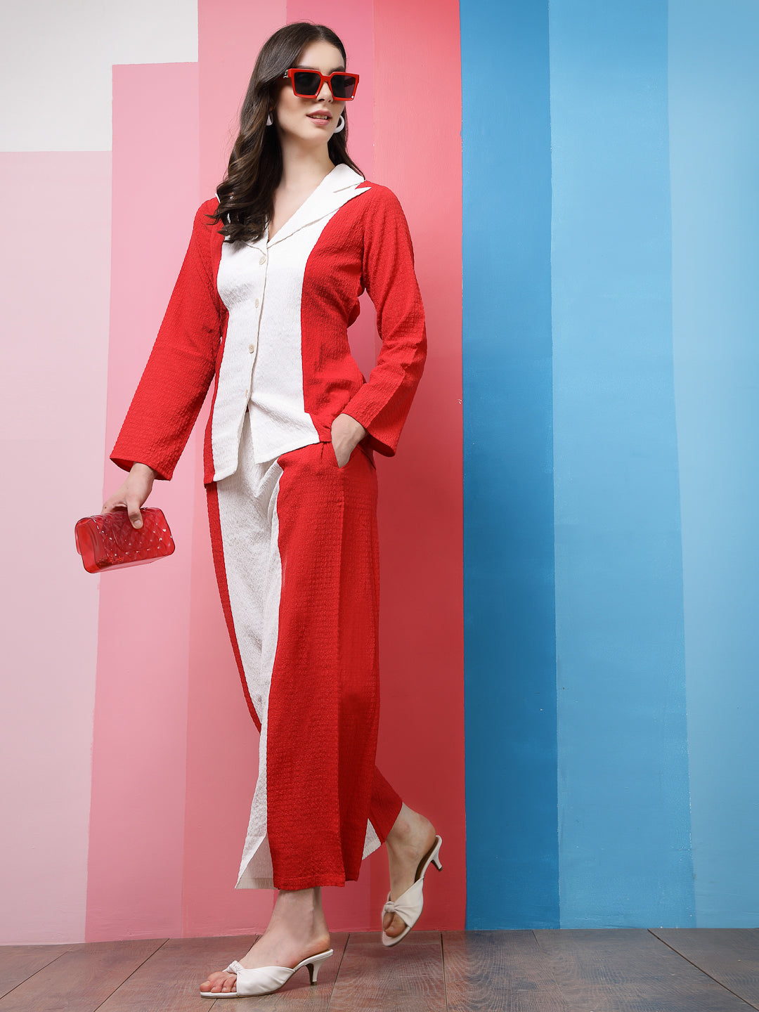 Athena Red Colourblocked Notched Lapel Collar Shirt With Trousers