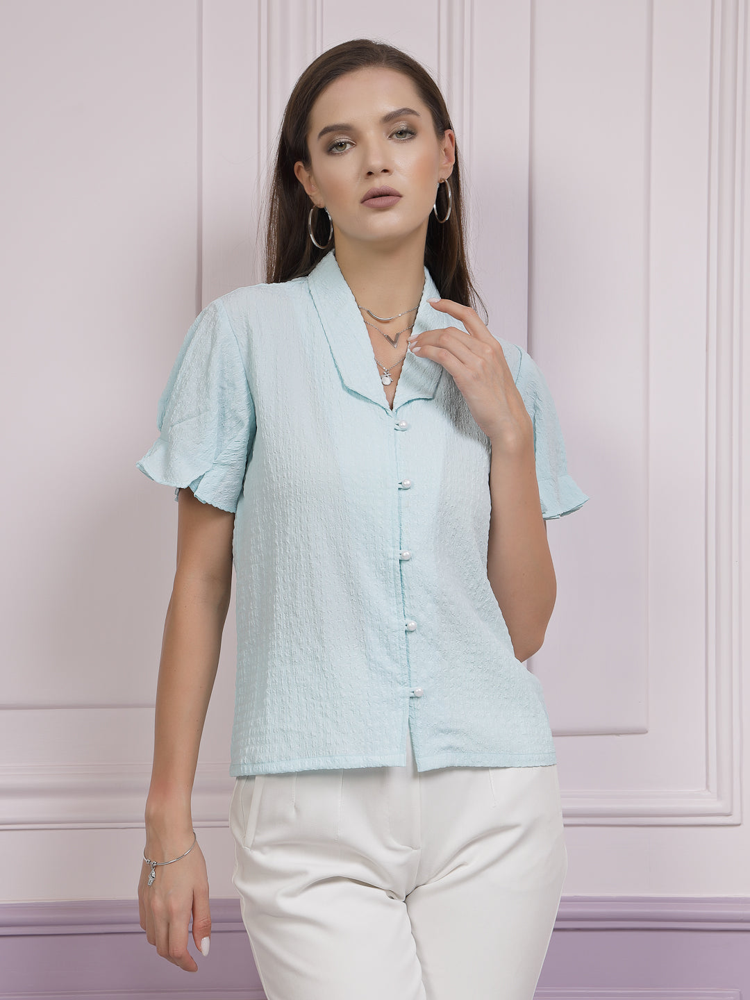 Athena Textured Puff Sleeve Shirt Style Top