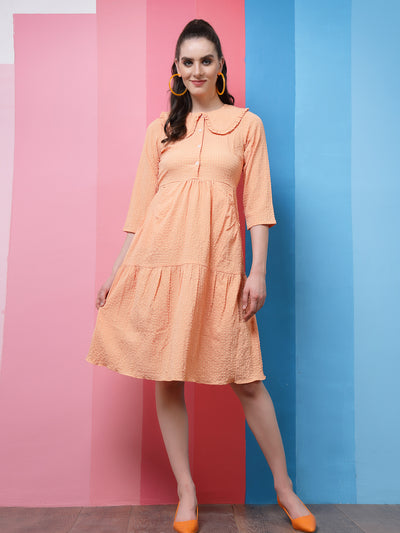 Athena Peach-Coloured Self Design Above the Keyboard Collar Flounce Hem A-Line Dress