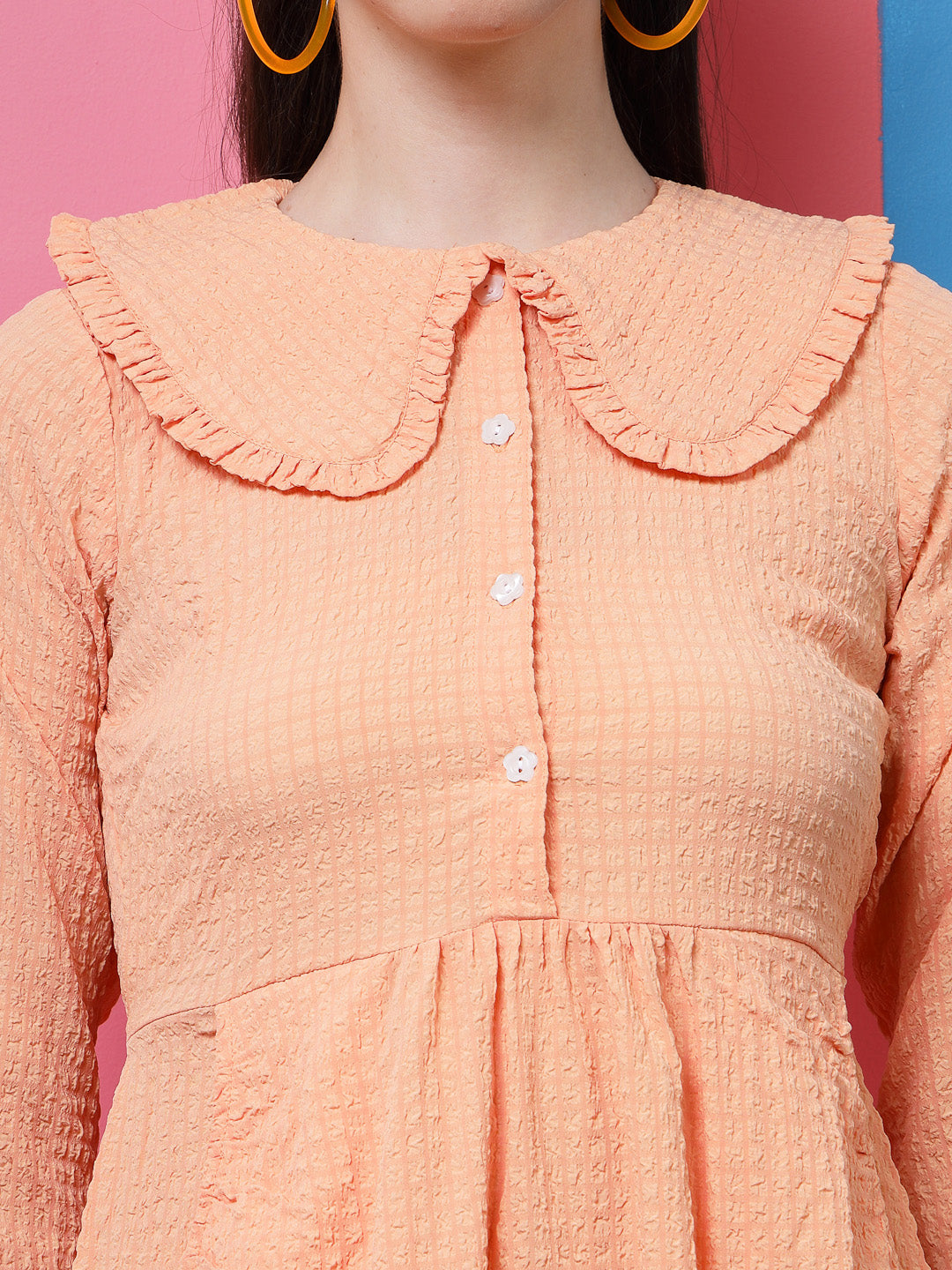Athena Peach-Coloured Self Design Above the Keyboard Collar Flounce Hem A-Line Dress