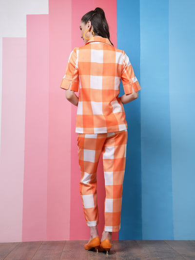 Athena Orange & White Checked Lapel Collar Top With Trousers Co-Ords