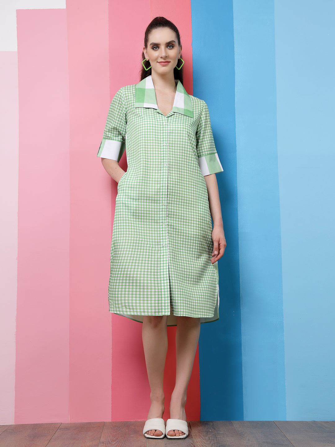 Athena Green Checked Linen Shirt Dress