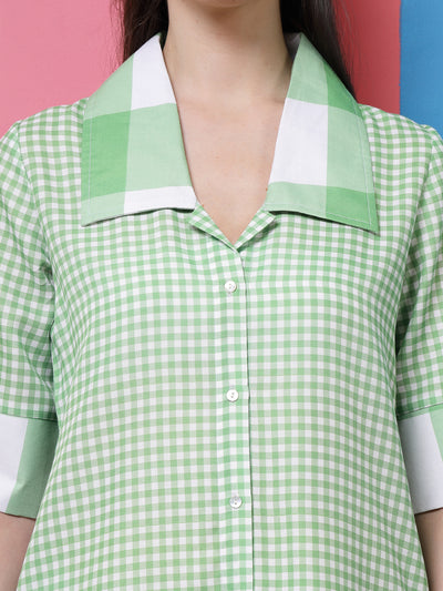 Athena Green Checked Linen Shirt Dress