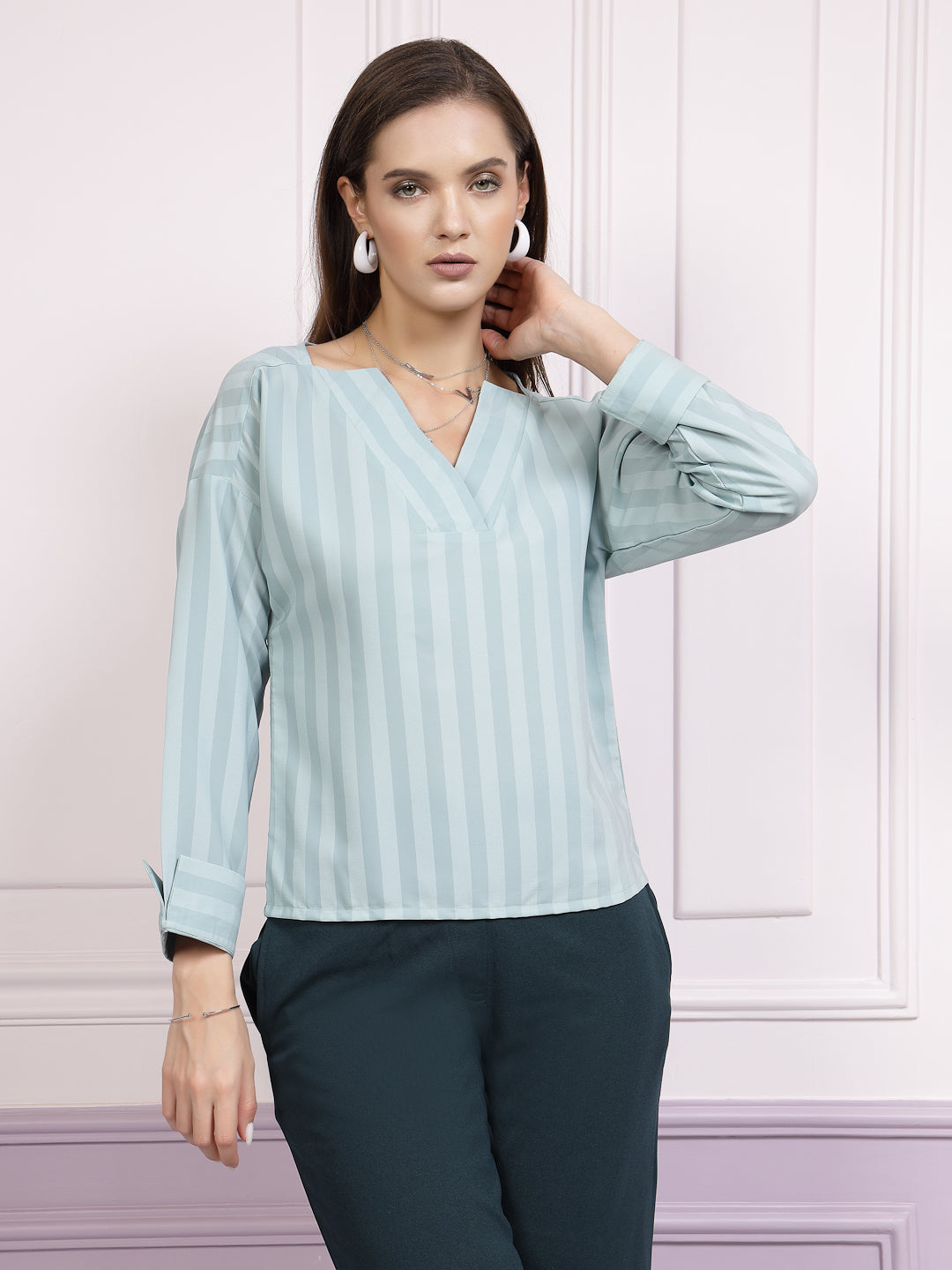 Athena Teal Striped V-Neck Top