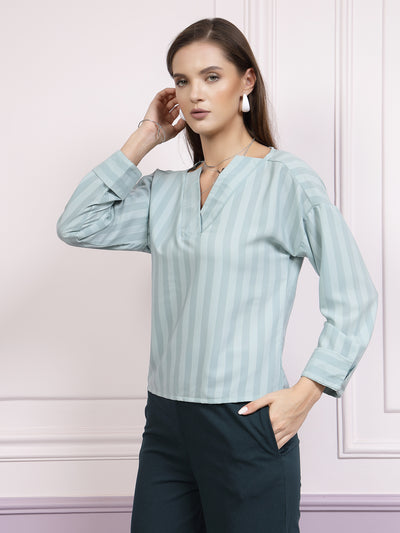 Athena Teal Striped V-Neck Top