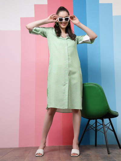 Athena Green Checked Linen Shirt Dress