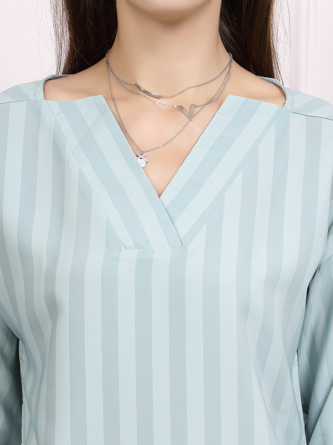 Athena Teal Striped V-Neck Top