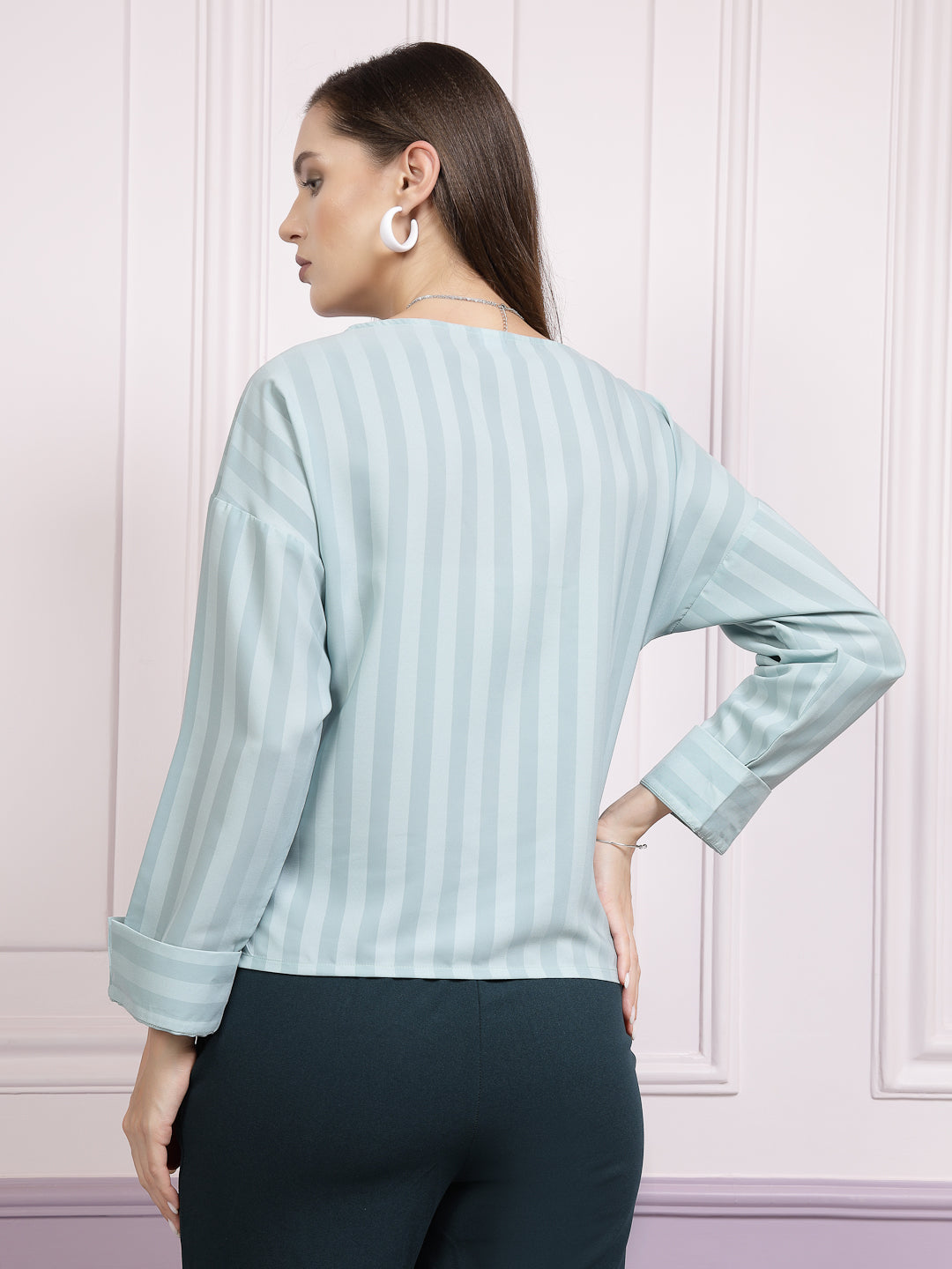 Athena Teal Striped V-Neck Top