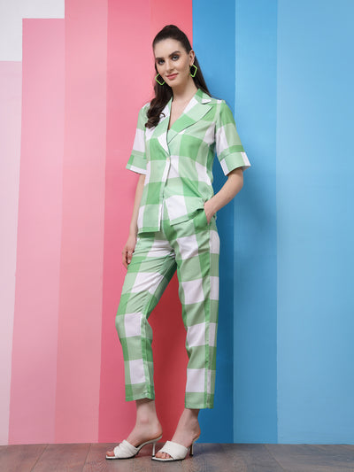 Athena Green & White Checked Lapel Collar Top With Trousers Co-Ords