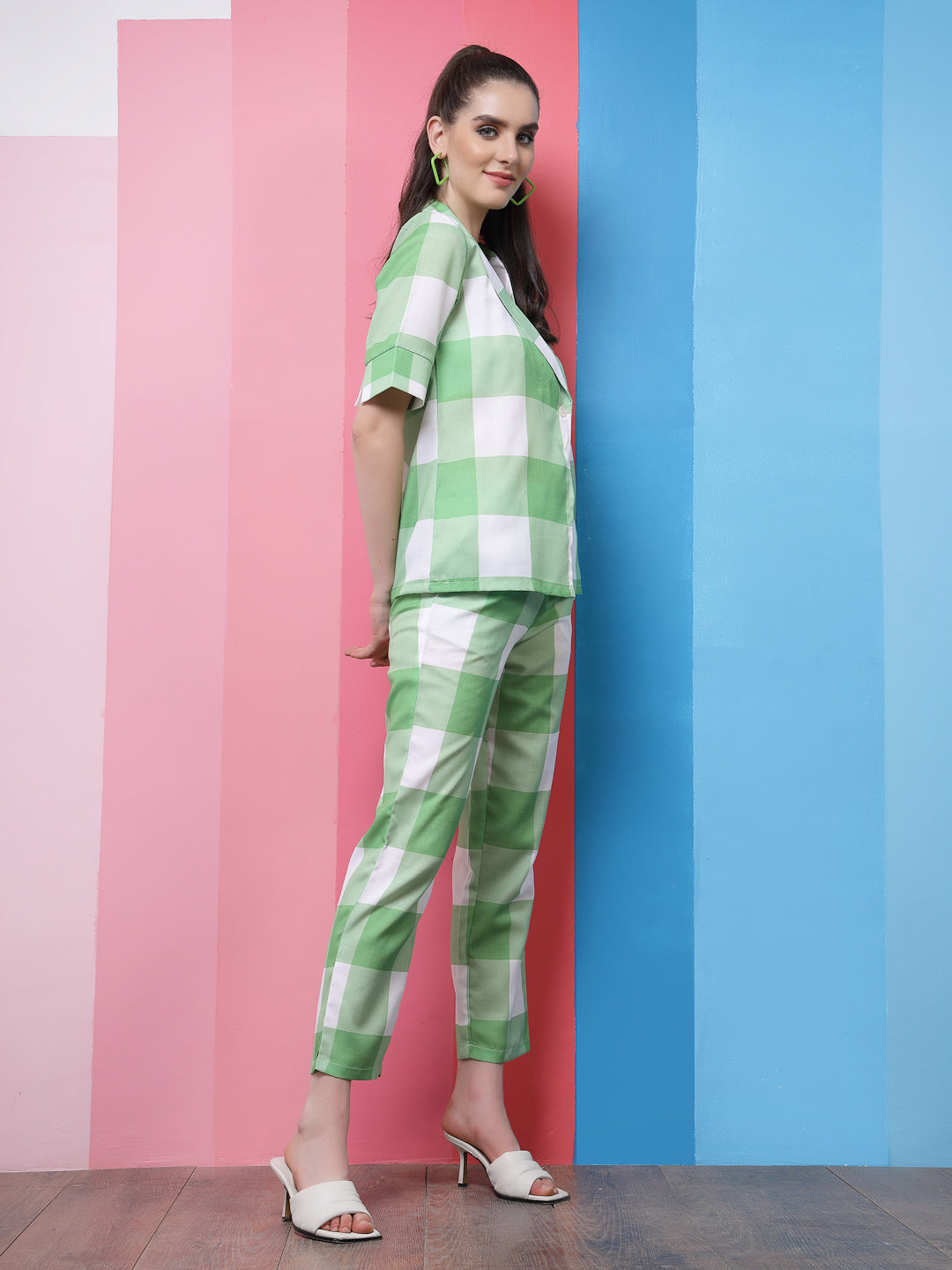 Athena Green & White Checked Lapel Collar Top With Trousers Co-Ords