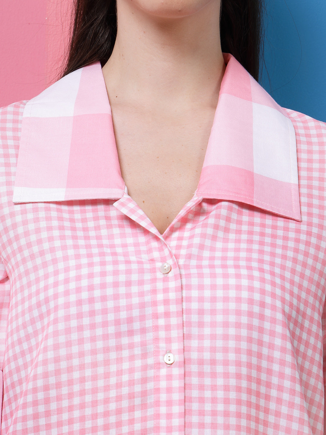 Athena Pink Checked Linen Shirt Dress