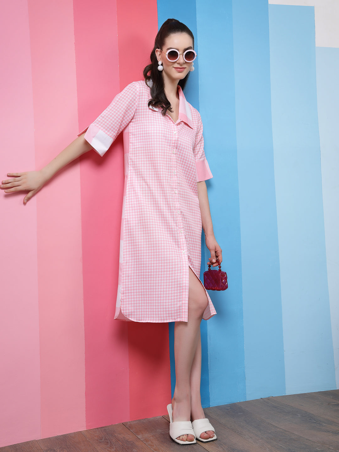 Athena Pink Checked Linen Shirt Dress