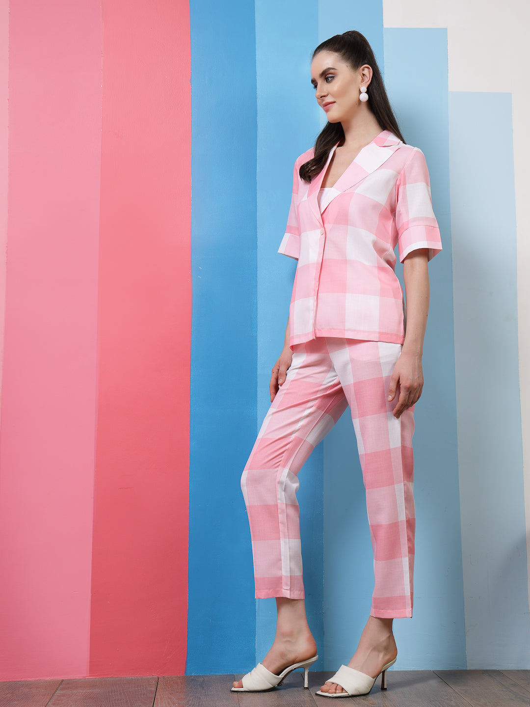 Athena Pink & White Checked Lapel Collar Top With Trousers Co-Ords