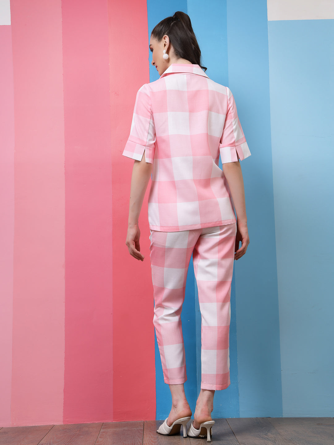 Athena Pink & White Checked Lapel Collar Top With Trousers Co-Ords