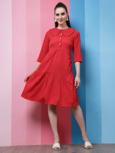 Athena Red Self Design Above the Keyboard Collar Flounce Hem Pleated A-Line Dress
