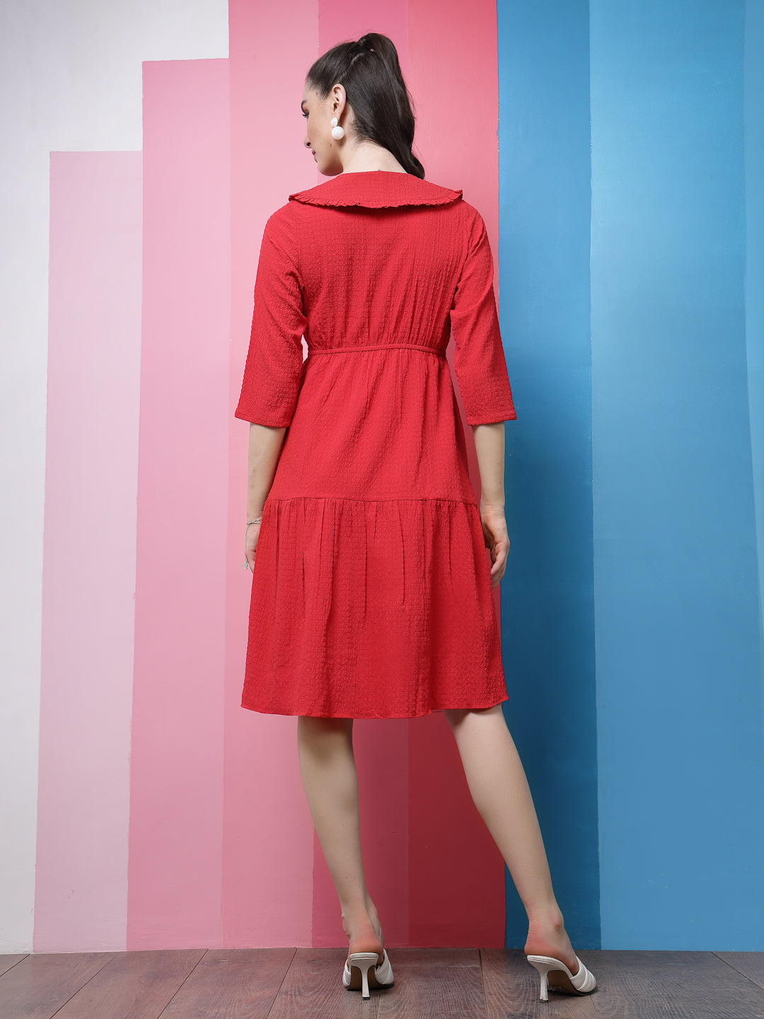 Athena Red Self Design Above the Keyboard Collar Flounce Hem Pleated A-Line Dress