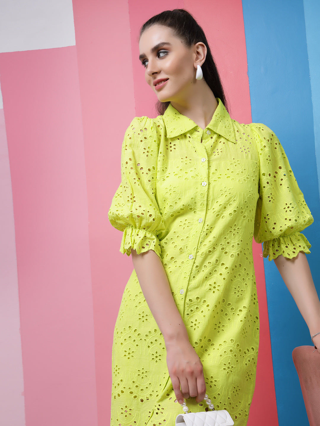 Athena Green Self Design Shirt Collar Puff Sleeves Schiffli A-Line Dress