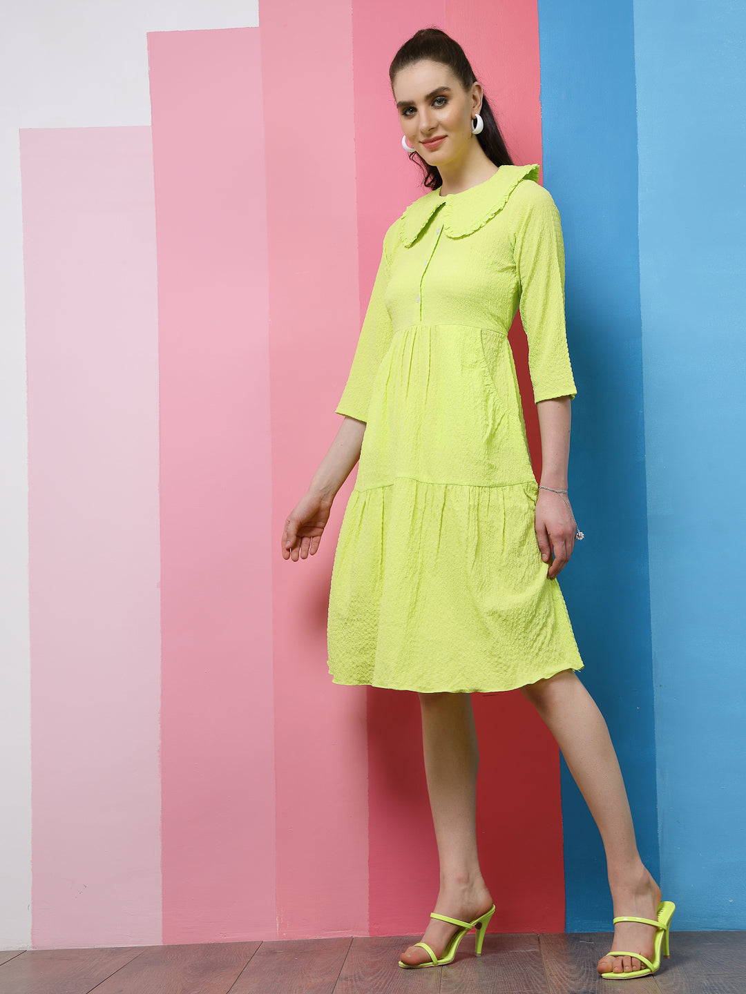 Athena Green Self Design Peter Pan Collar A-Line Dress