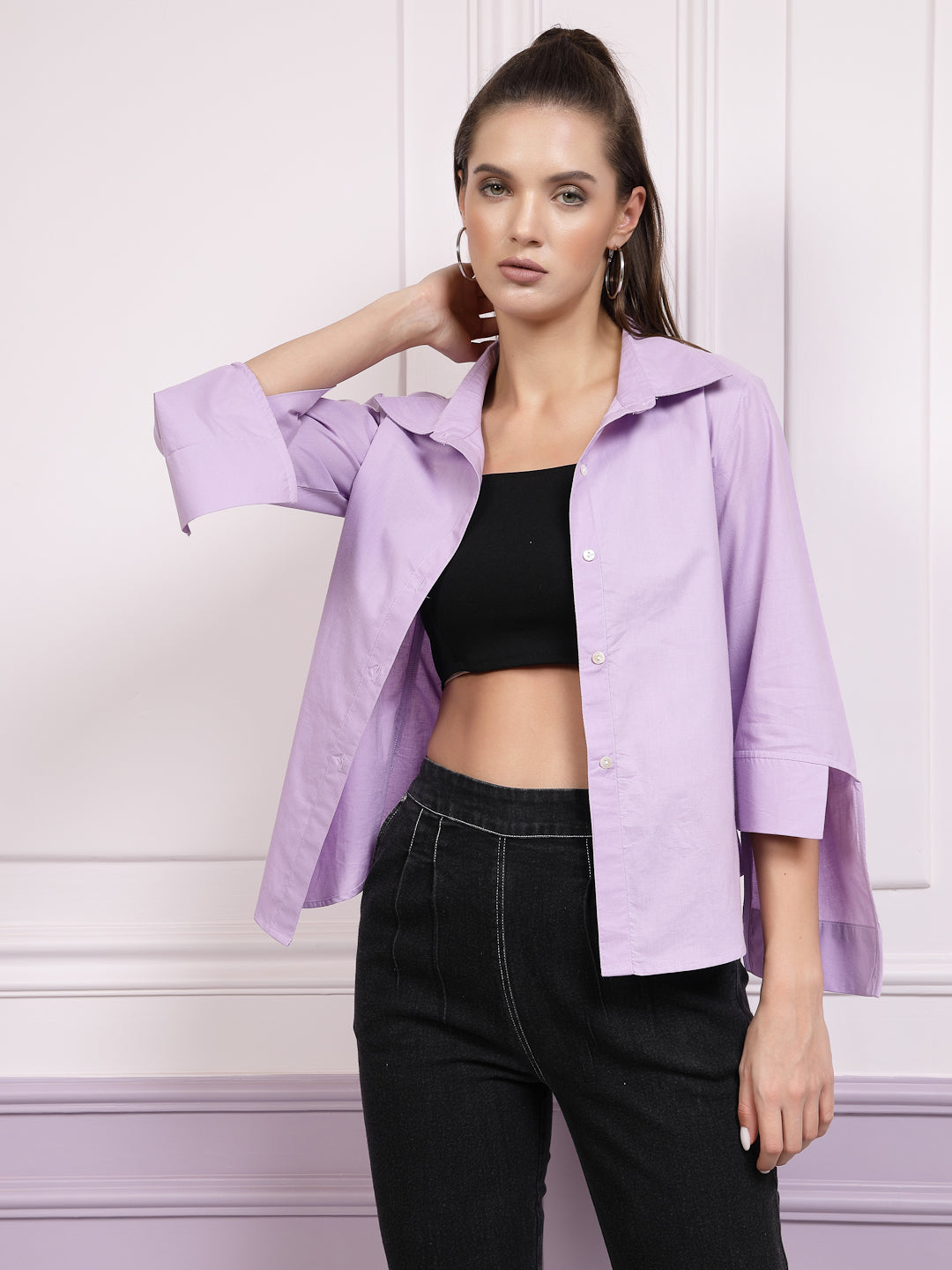 Athena Lavender High-Low Shirt Cotton Crop Top