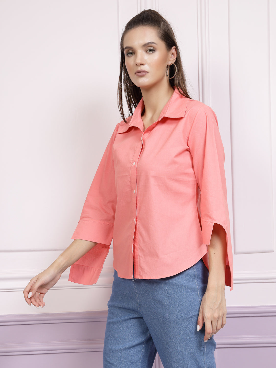 Athena High Low Cuffed Sleeves Cotton Shirt Style Top