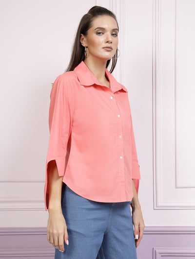 Athena High Low Cuffed Sleeves Cotton Shirt Style Top