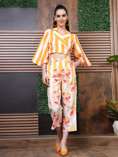 Athena White & Orange Striped Notched Lapel Collar Flared Sleeve Top With Trousers Co-Ords