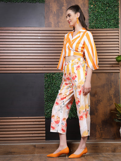 Athena White & Orange Striped Notched Lapel Collar Flared Sleeve Top With Trousers Co-Ords