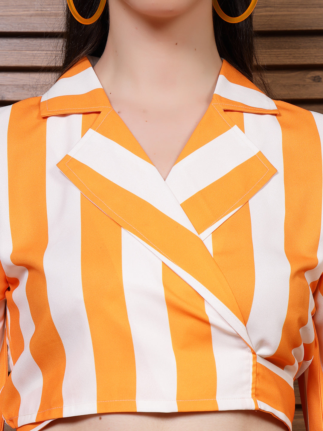 Athena White & Orange Striped Notched Lapel Collar Flared Sleeve Top With Trousers Co-Ords