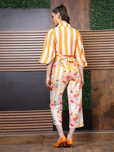 Athena White & Orange Striped Notched Lapel Collar Flared Sleeve Top With Trousers Co-Ords