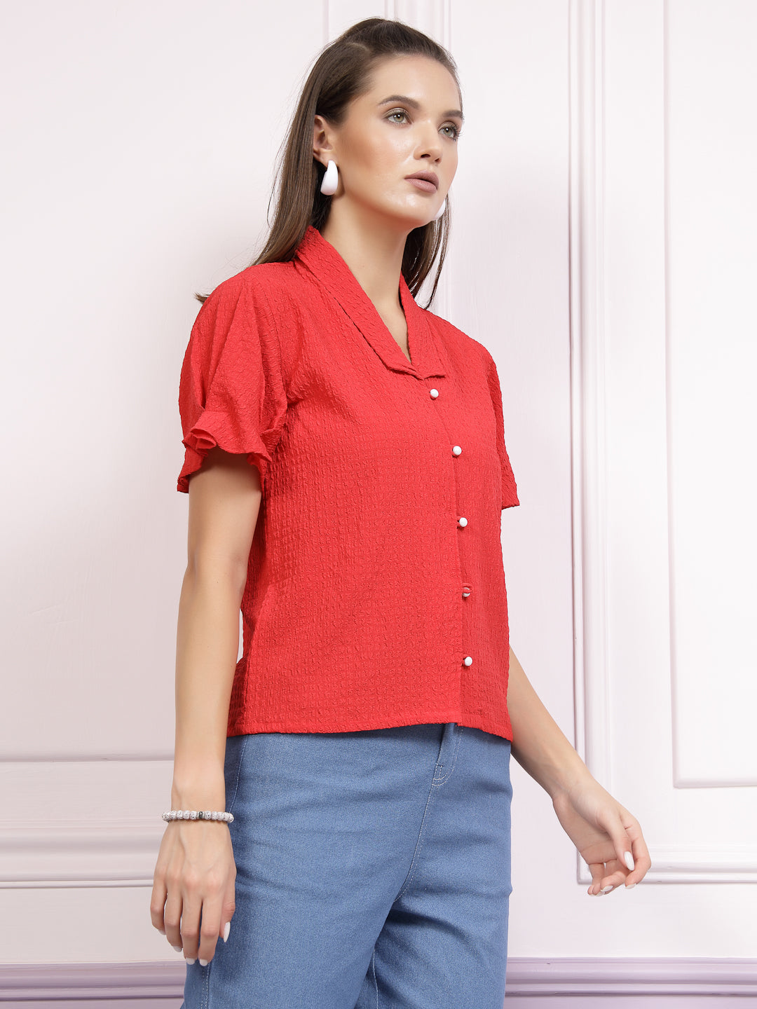 Athena Self Design Shirt Collar Shirt Style Top