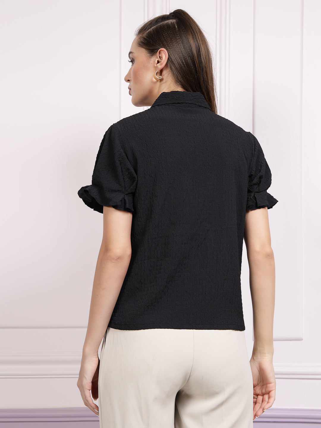 Athena Black Self Design Shirt Style Top